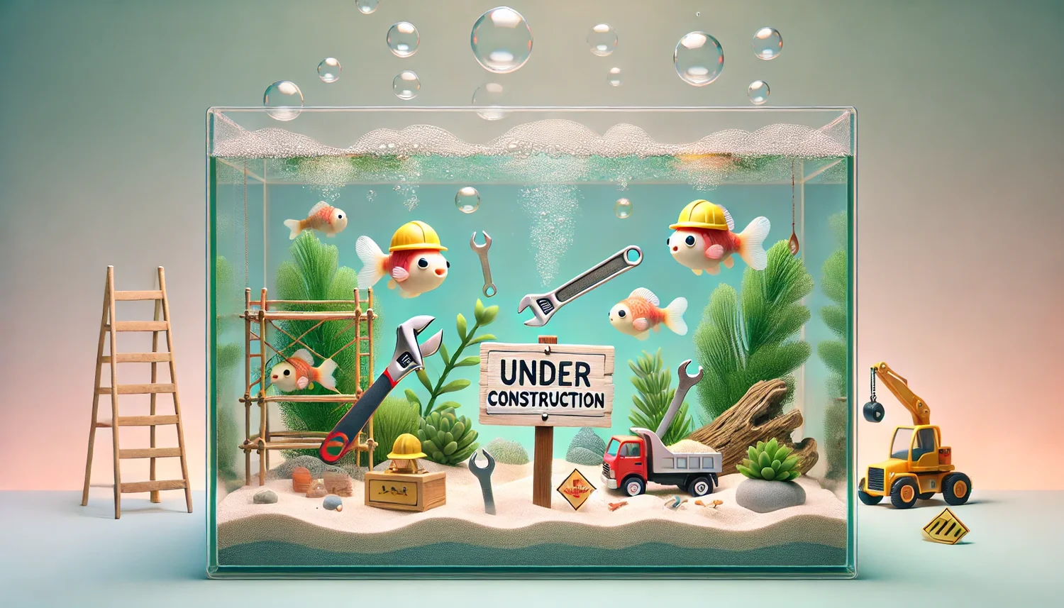 A group of highly organized fish have taken control — this page is under construction, and they're calling all the shots (mostly bubbling orders at each other).